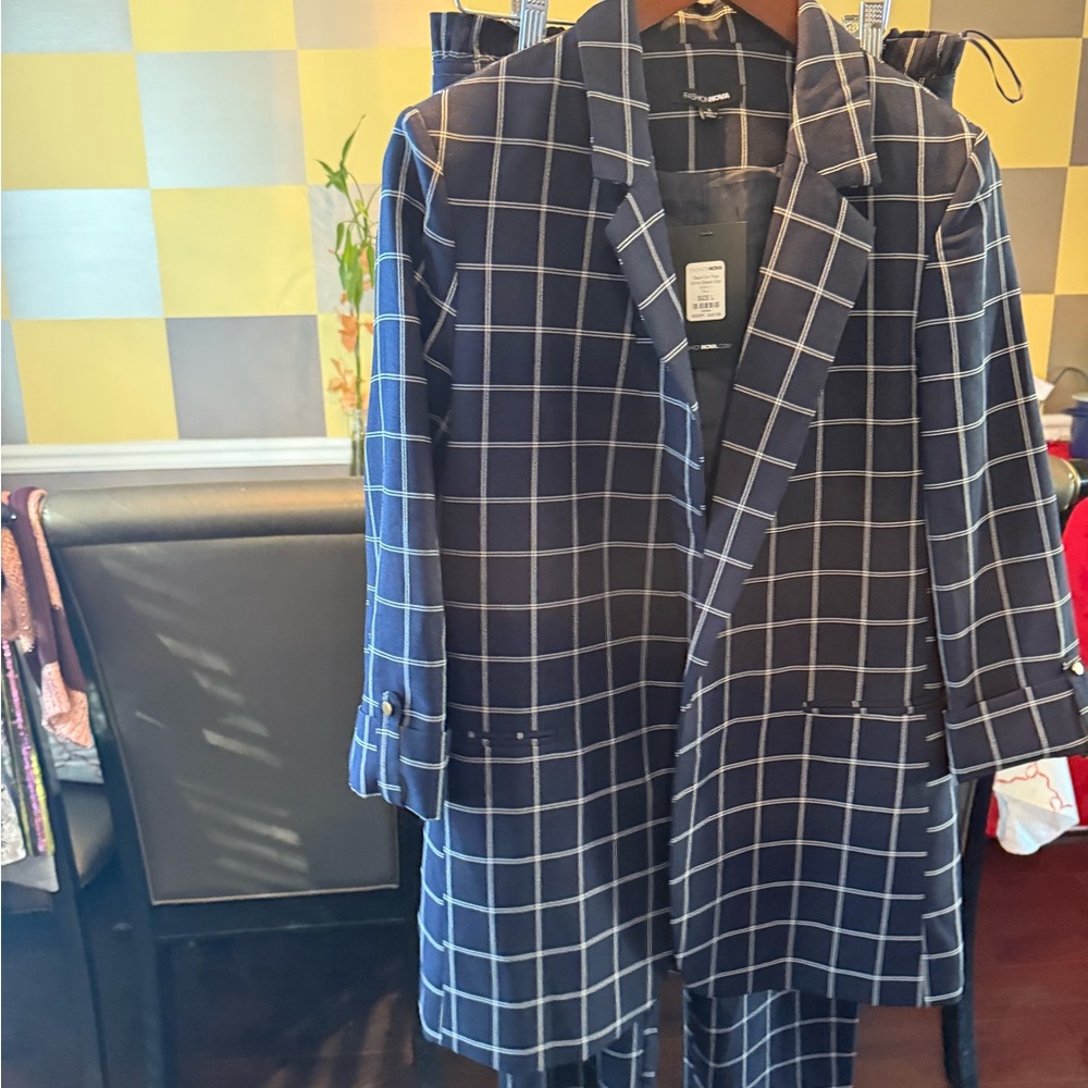 Navy Blue Checkered Blazer & Pants Set